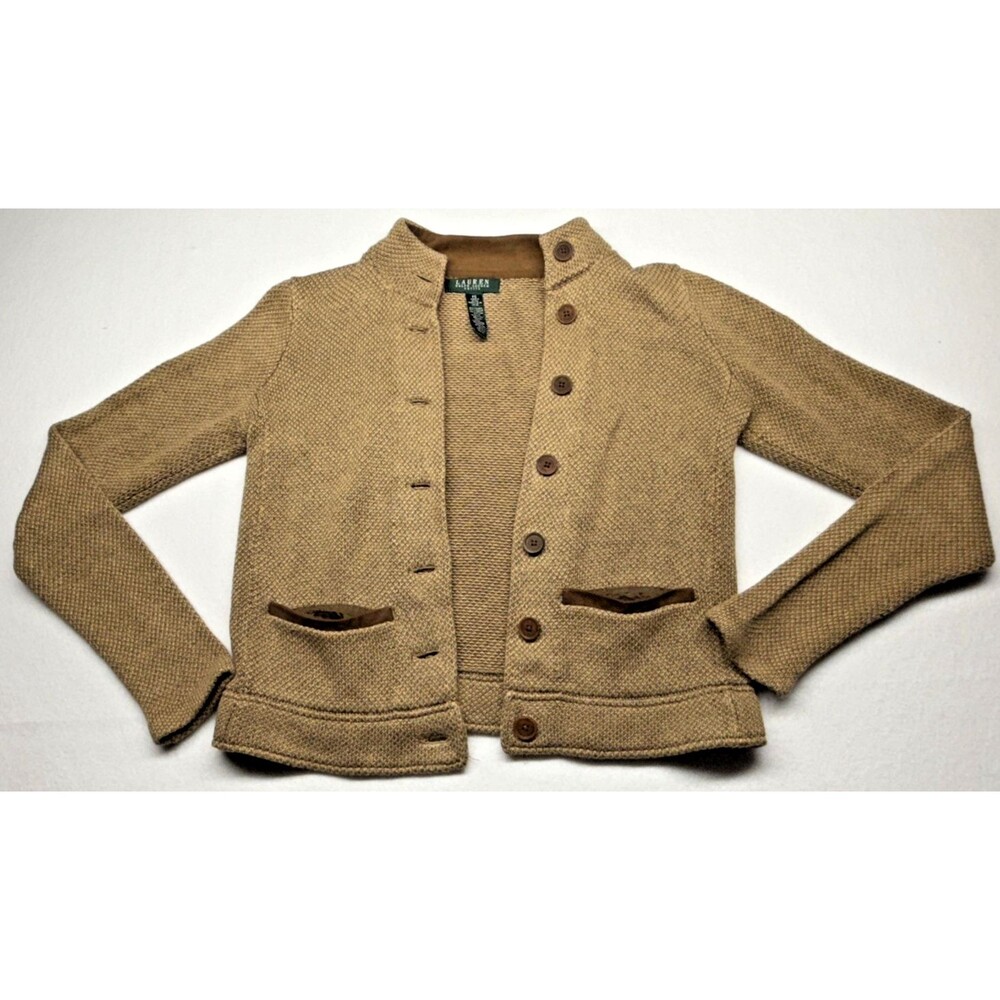 Lauren Ralph Lauren LRL Knit Blazer Jacket Petite Small Tan Button Front Texture